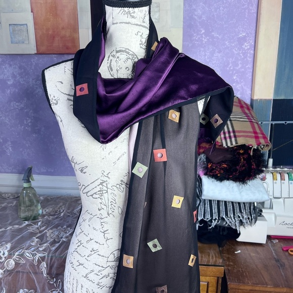 Chic Black Purple and Cream Scarf with Geometric Accents Design